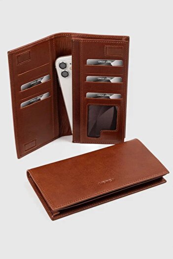 MORCA Genuine Leather Wallet with Phone Compartment, Magnetic Closure and Hand Strap, Unisex Crazy Tan