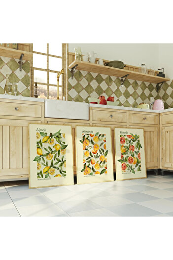 Esci Design Ahşap Çerçeveli Limon Naranja Pomelo 3'lü Tablo Set - Trend Tablo Set - Mutfak Tablo Set