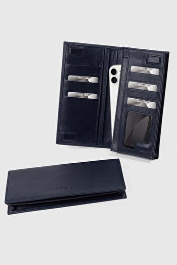MORCA Genuine Leather Wallet with Phone Compartment, Magnetic and Hand Strap, Unisex Navy Blue
