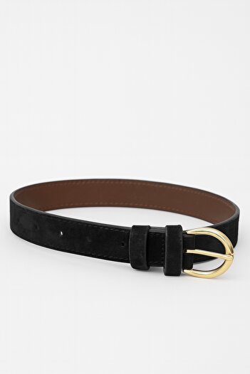Çantacımstore Women's Suede Belt Black with Gold Buckle