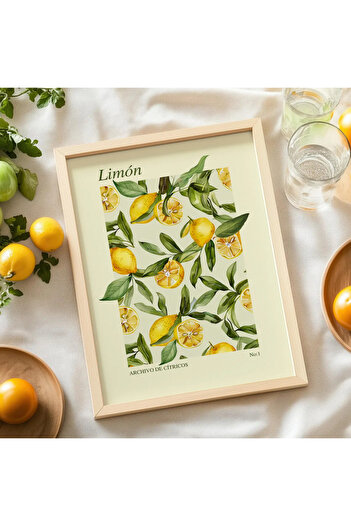 Esci Design Ahşap Çerçeveli Limon Naranja Pomelo 3'lü Tablo Set - Trend Tablo Set - Mutfak Tablo Set