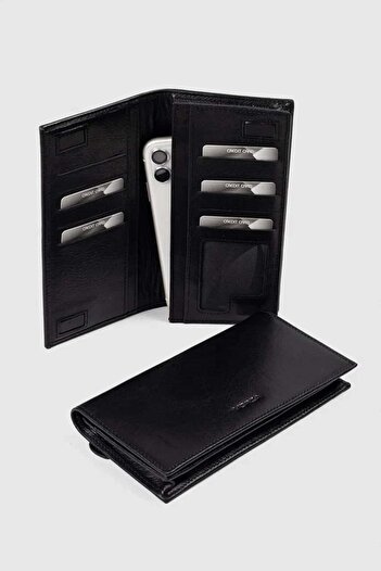 MORCA Genuine Leather Wallet with Phone Compartment, Magnetic and Hand Strap, Unisex Black