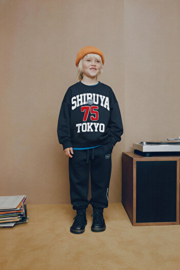 Magu Boys' Cotton Black Shibuya Tokyo Tracksuit Set - Embroidered Sweatshirt and Relaxed Fit Bottoms