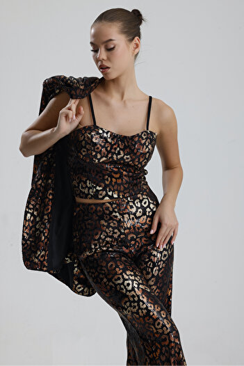 Sense Gloplu Zippered Sequin Bustier |   Bus32675 Black Bronze Leopard