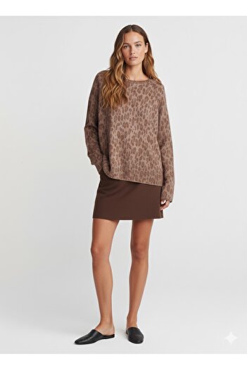 Dilvin Crew Neck Leopard Print Knitwear Blouse-Mink (Mink)