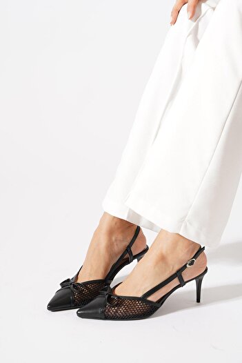 Moda Pie Back Open Full Mesh Women's Heeled Shoes Black Skin