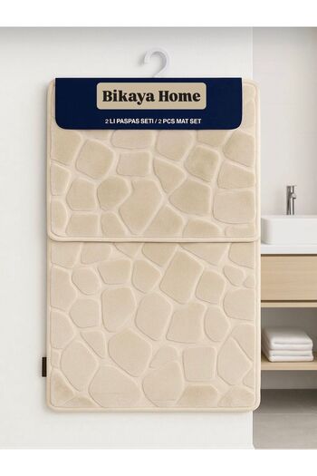 Bikaya Home Washable Non-Slip Dot Base - 2-Piece Stone Pattern Puffy Toilet Seat Set - 60X100 cm 50X60 cm
