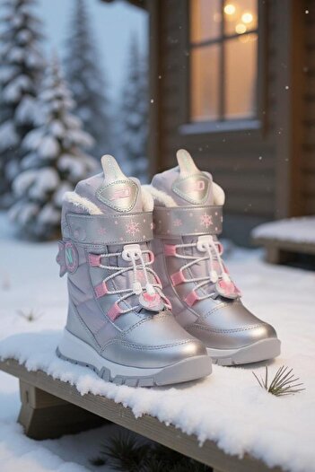 MARKABONİ Girl's Waterproof and Cold-Resistant Non-Slip Sole Velcro Silver Snow Boots