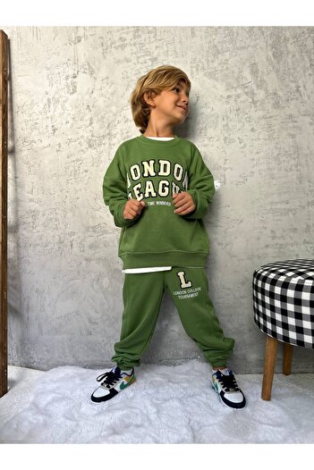 MİO Boys' Cotton Green London Punch Embroidered Sweatshirt Tracksuit Bottom-Top Set