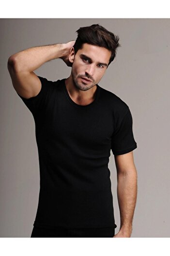 Hasyün Men's Black 61% Wool Short Sleeve Undershirt Undershirt Innerwear 4000 - 2 Pieces