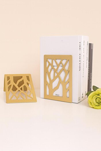 VENON 2 Pieces Tree Pattern Mat Gold Special Series Metal Book Holder, Metal Book Support Bookshelf Organization