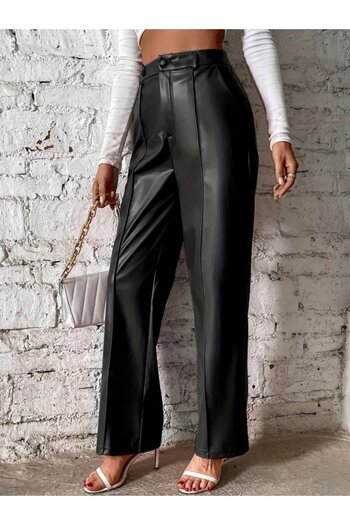 REKA MODA Women's Wide Cut Lame Leather Trousers with Front Zipper Pockets