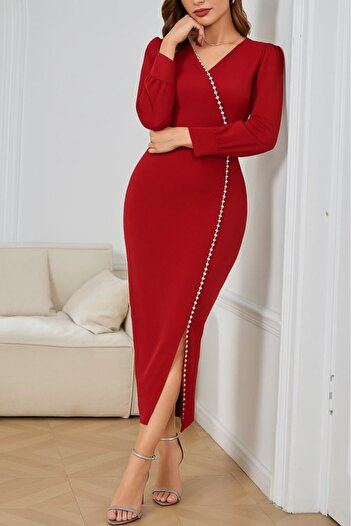 AKNButik Women's Long Sleeve V-Neck Slit Stone Long Imported Crepe Dress