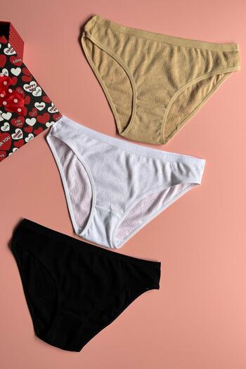 Elosia Aira Veil 3-Pack |   Perforated Patterned Cotton Black, White and Skin Color Women's Panties 50E31