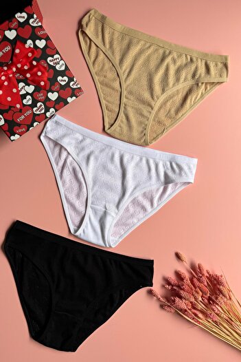 Elosia Aira Veil 3-Pack |   Perforated Patterned Cotton Black, White and Skin Color Women's Panties 50E31
