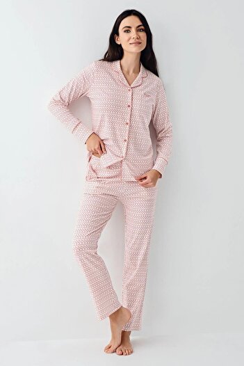 Pierre Cardin 9081 Women's Pink Long Sleeve Button Front Shirt Pajama Set