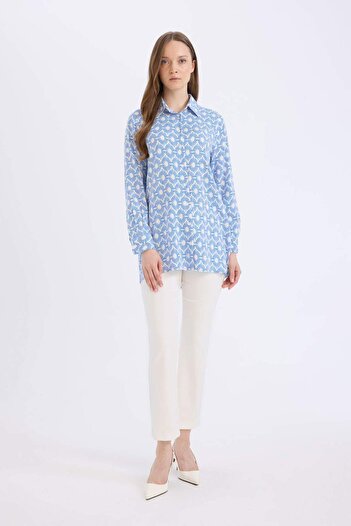DeFacto Relax Fit Shirt Collar Patterned Viscose Long Sleeve Tunic D7348Ax25Sp