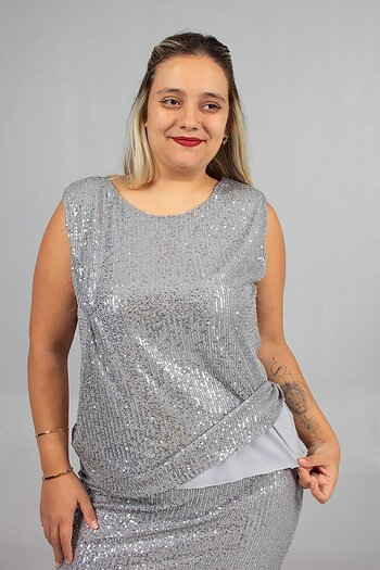 Truva XXL Plus Size Lined Sequin Sequin Size Sparkling and Elegant Blouse