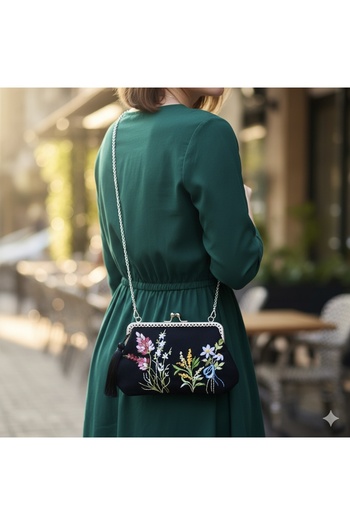 Home Black Linen Hand Embroidered Vintage Style Bag. Silver Color Chain Detailed. 100% Handmade 25X15 Size