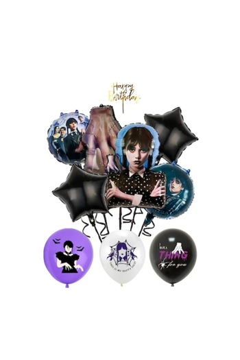 OEM Set with 9 Wednesday Addams party balloons and Happy Birthday topper