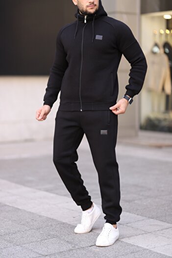 Fors Life Men's Hooded Comfortable Fit Cotton Fleece Lined Black Tracksuit Set