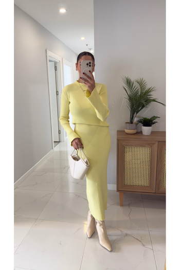 BİRCANÇİL Alveris Yellow Ribbed Knit Skirt Set