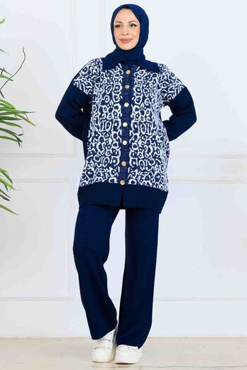 benguen Patterned Button Detailed Knitwear Set S1124 Navy Blue