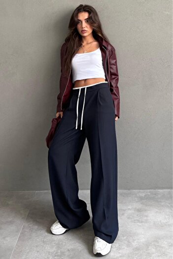 Madmext Navy Blue Double Waistband Wide Leg Women's Trousers Mg2551