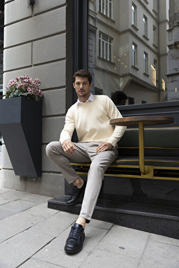 JB John Borners Men's Crew Neck Ribbed Knit Sweater Beige - K-2602