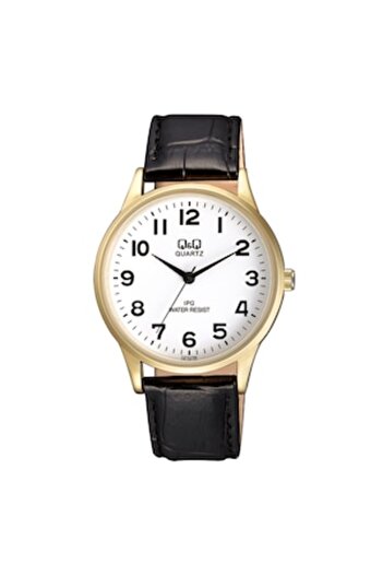 Q&Q Round Watch with Synthetic Leather Strap - Black