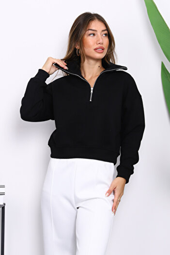 İmajButik Black Front Zipper Three-Thread Crop Sweat