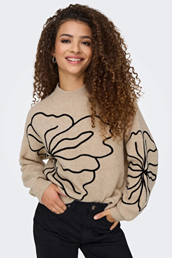 ONLY Women's Jdyjella Patterned Round Neck Wool Sweater 15344518 Beige