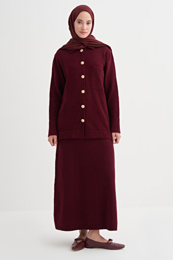 carell Plain Knitwear Skirt Suit Burgundy