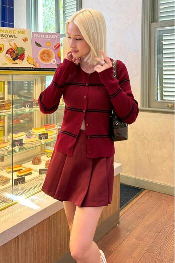 Madmext Burgundy Striped Women's Knitwear Cardigan Mg2481