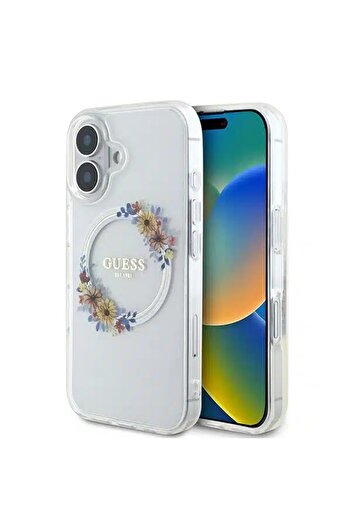 Guess Case for IPhone 16, IML Flowers Wreath MagSafe - Transparent