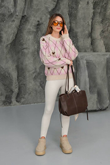 GİYSA Women's Crew Neck Diamond Pattern Knit Sweater Stone - 26K 9032