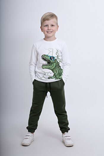 panios kids Dinosaur Printed Detailed Elasticated Legs Boys' Top and Bottom Set