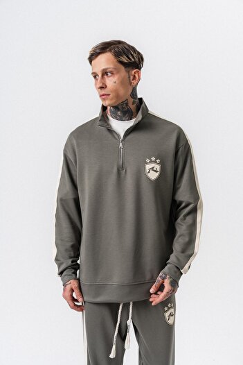 Respire Men's Stripe Detailed Half Zip Modal Sweatshirt Khaki
