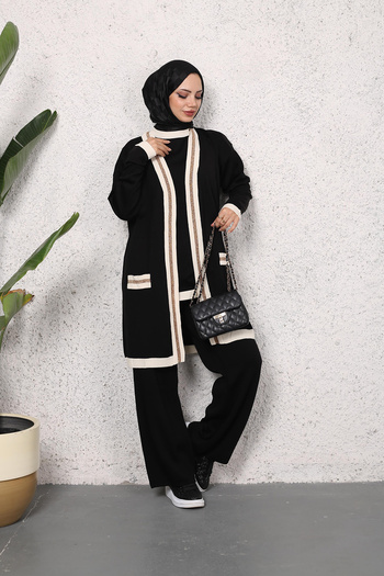 MODAQU Cardigan Tunic Pants Three-Piece Knitwear Set - Black