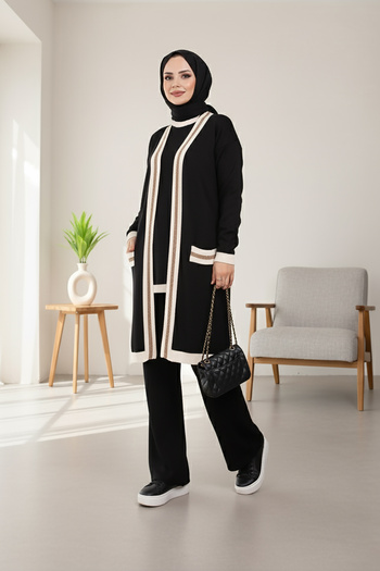 MODAQU Cardigan Tunic Pants Three-Piece Knitwear Set - Black