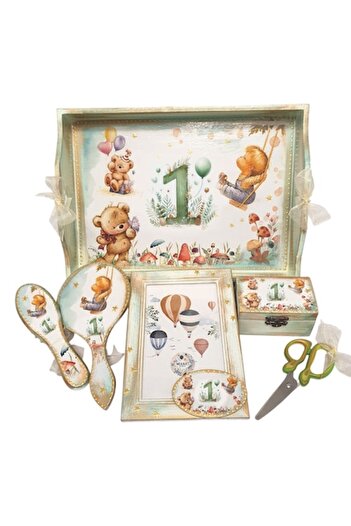 mixartstudiobym Set tray for boy's first haircut ceremony, Forest theme, vintage, 6 pieces,