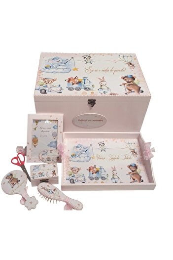 mixartstudiobym Set of chest, tray and accessories for cutting out girls' words, Animals theme, pink, 7 pieces