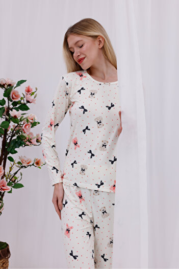 Arvin Pijama Women's Bear with Ribbon Character Printed Soft Textured Long Sleeve Knitted Pajama Set