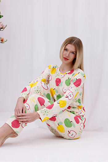 Arvin Pijama Women's Colorful Apples Printed Soft Textured Long Sleeve Knitted Pajama Set