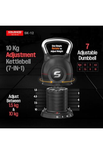 Sparnod Fitness SK-12 Adjustable Kettlebell 10kg, 7-in-1 Weight System, One-Hand Adjust & Grip