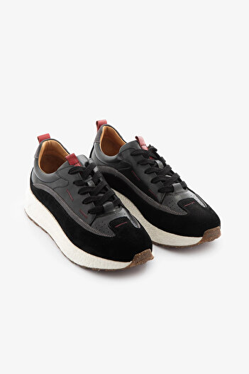 SAYL Siyah Hakiki Deri Kalın Taban Erkek Sneaker