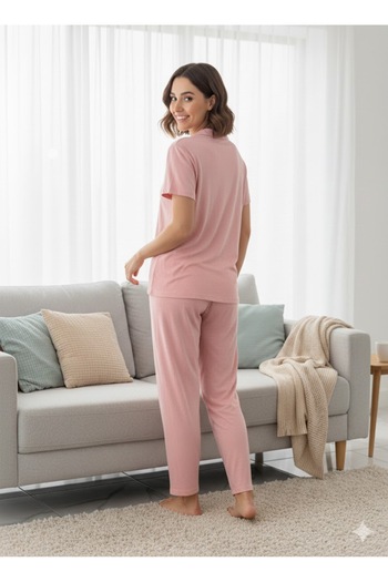 FAMES PİJAMA Women's Pink Buttoned Pajama Set