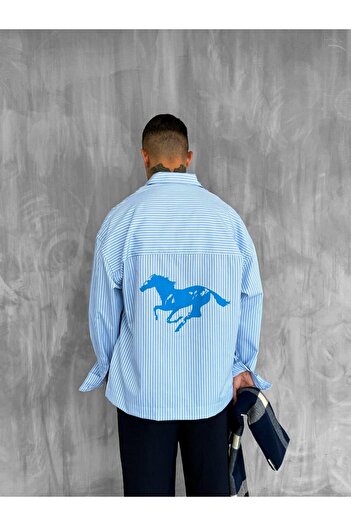 ablukaonline Men's Oversize Printed Long Sleeve Shirt Blue