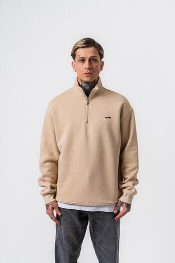 Respire Men's Text Detailed Half Zipper Basic Sweatshirt Beige