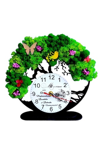 OEM Decorative desk clock Tree of Life with lichens and decorative flowers, Model 1, Black, 25cm